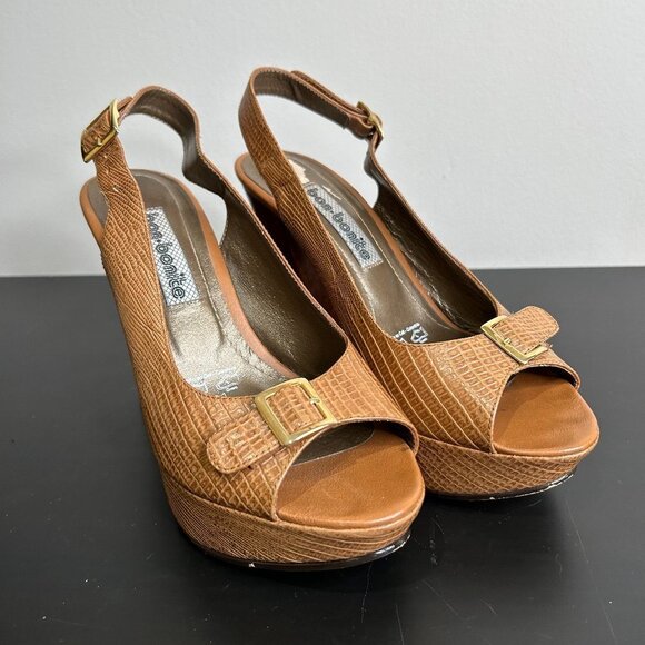 Wood Platform Peep Toe Sling Backs Honey Cake Tea Bon-Bonite NWT Size 37 - Picture 2 of 9